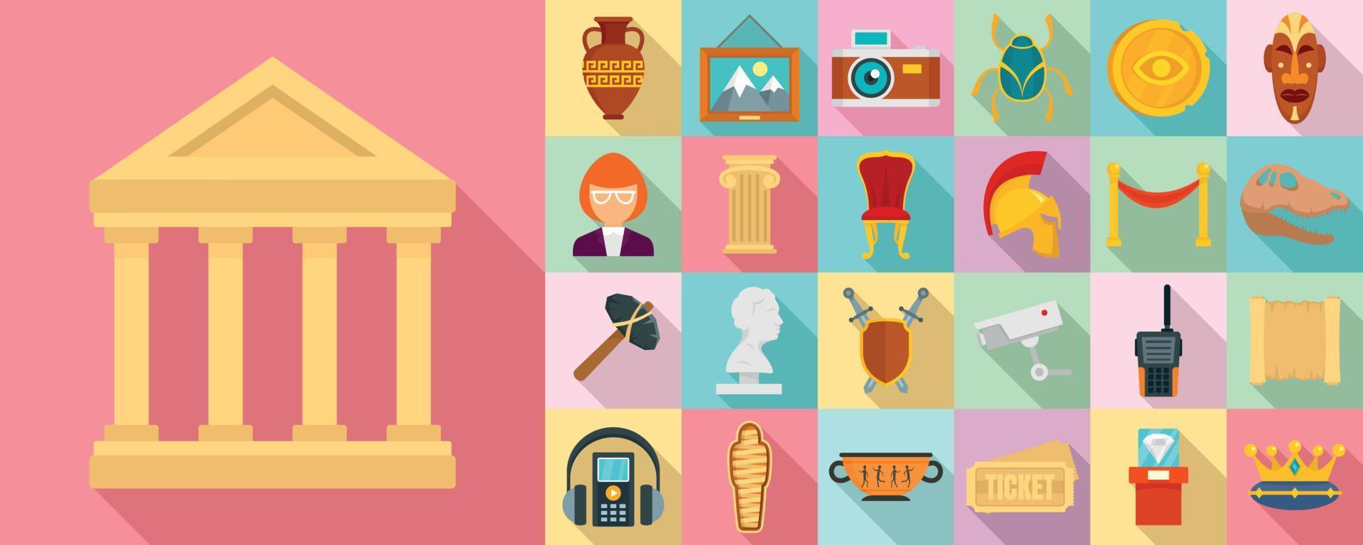 Museum icon set, flat style vector