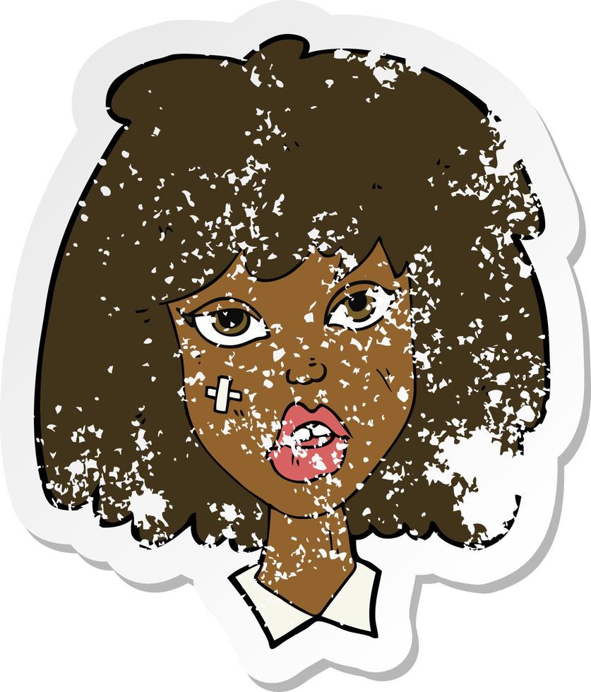 retro distressed sticker of a cartoon woman with bruised face vector