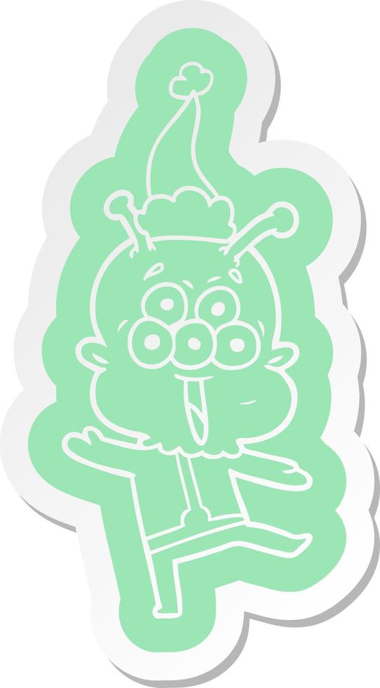 happy cartoon  sticker of a alien dancing wearing santa hat vector