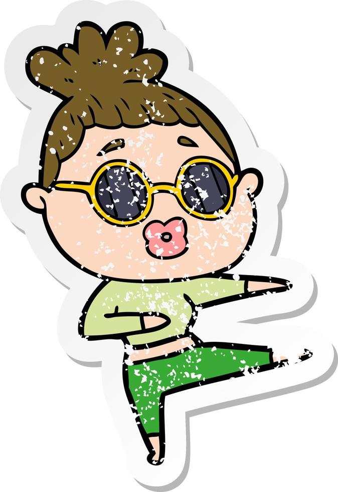 distressed sticker of a cartoon dancing woman wearing sunglasses vector