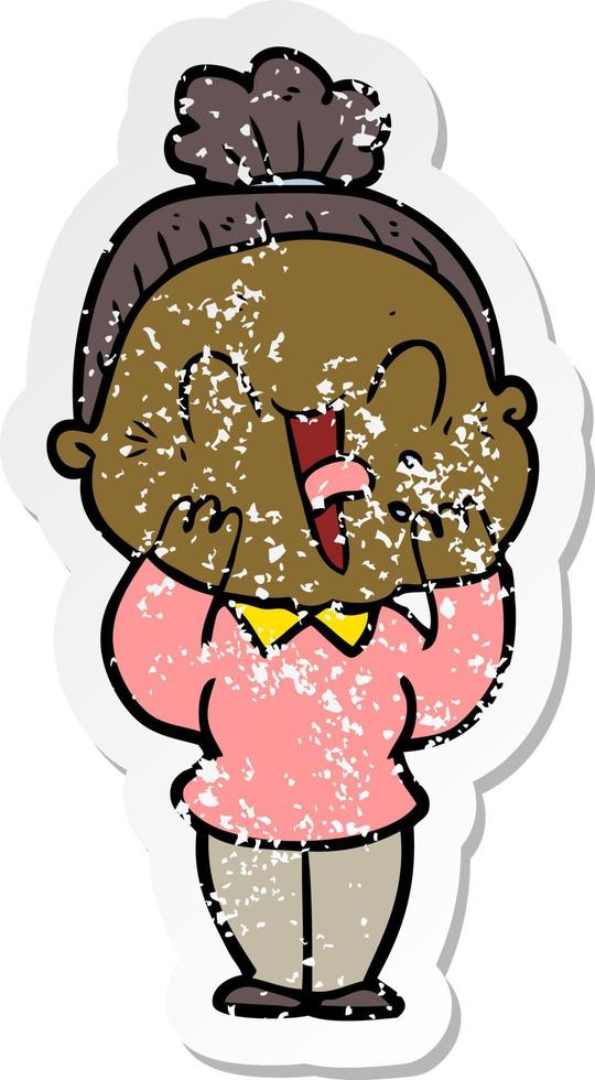 distressed sticker of a cartoon happy old woman vector