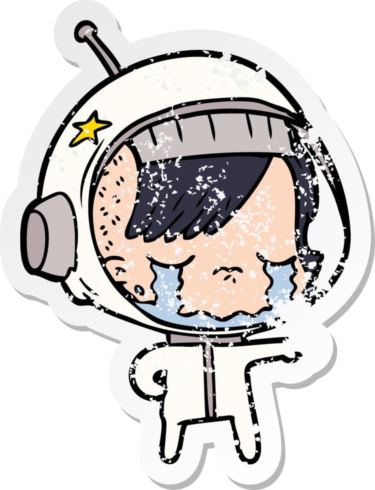 distressed sticker of a cartoon crying astronaut girl vector