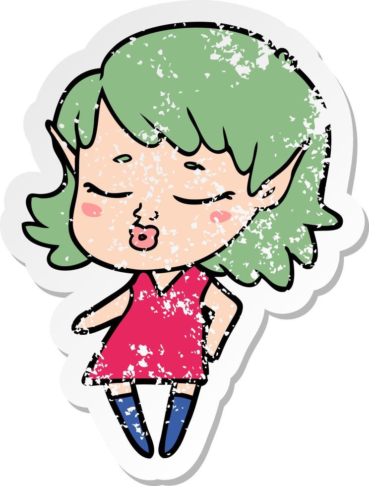 distressed sticker of a pretty cartoon elf girl vector