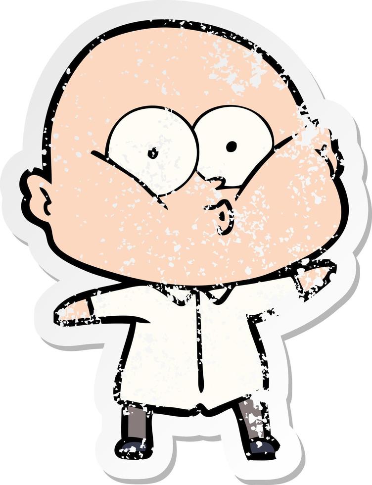 distressed sticker of a cartoon bald man staring vector