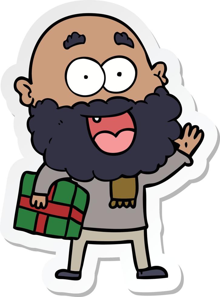 sticker of a cartoon crazy happy man with beard and gift under arm vector