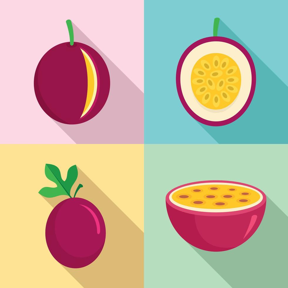 Maracuja icons set, flat style vector