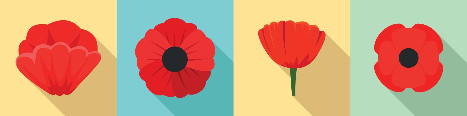 Poppy flowers icon set, flat style vector