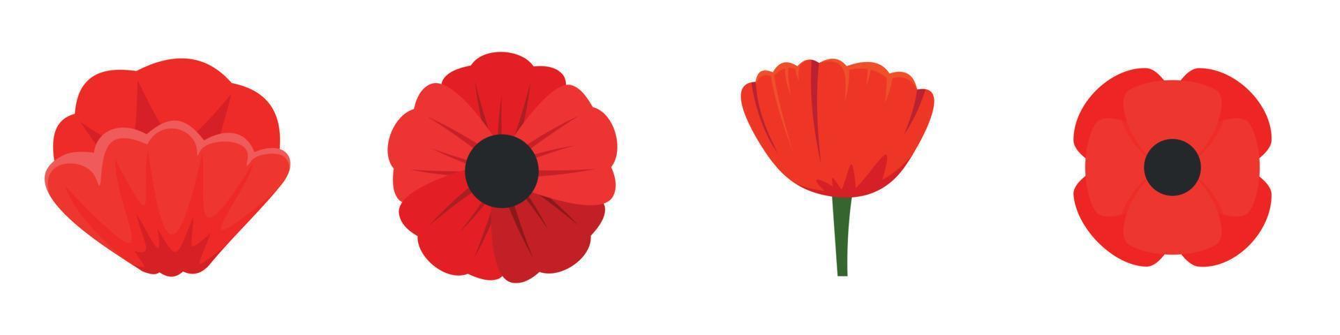 Poppy flowers icon set, flat style vector