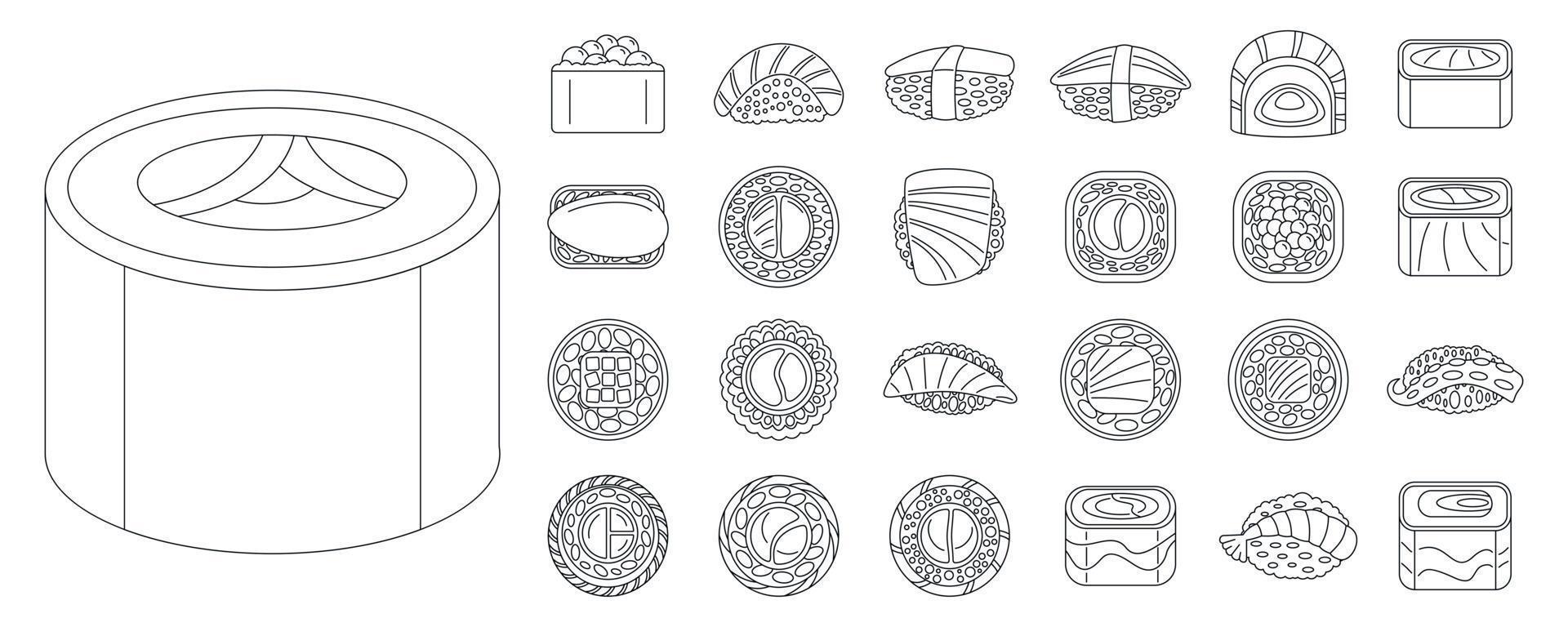 Asian sushi roll icon set, outline style vector