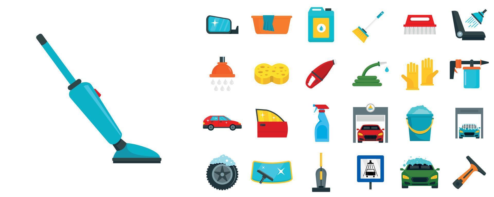 Car wash icon set, flat style vector