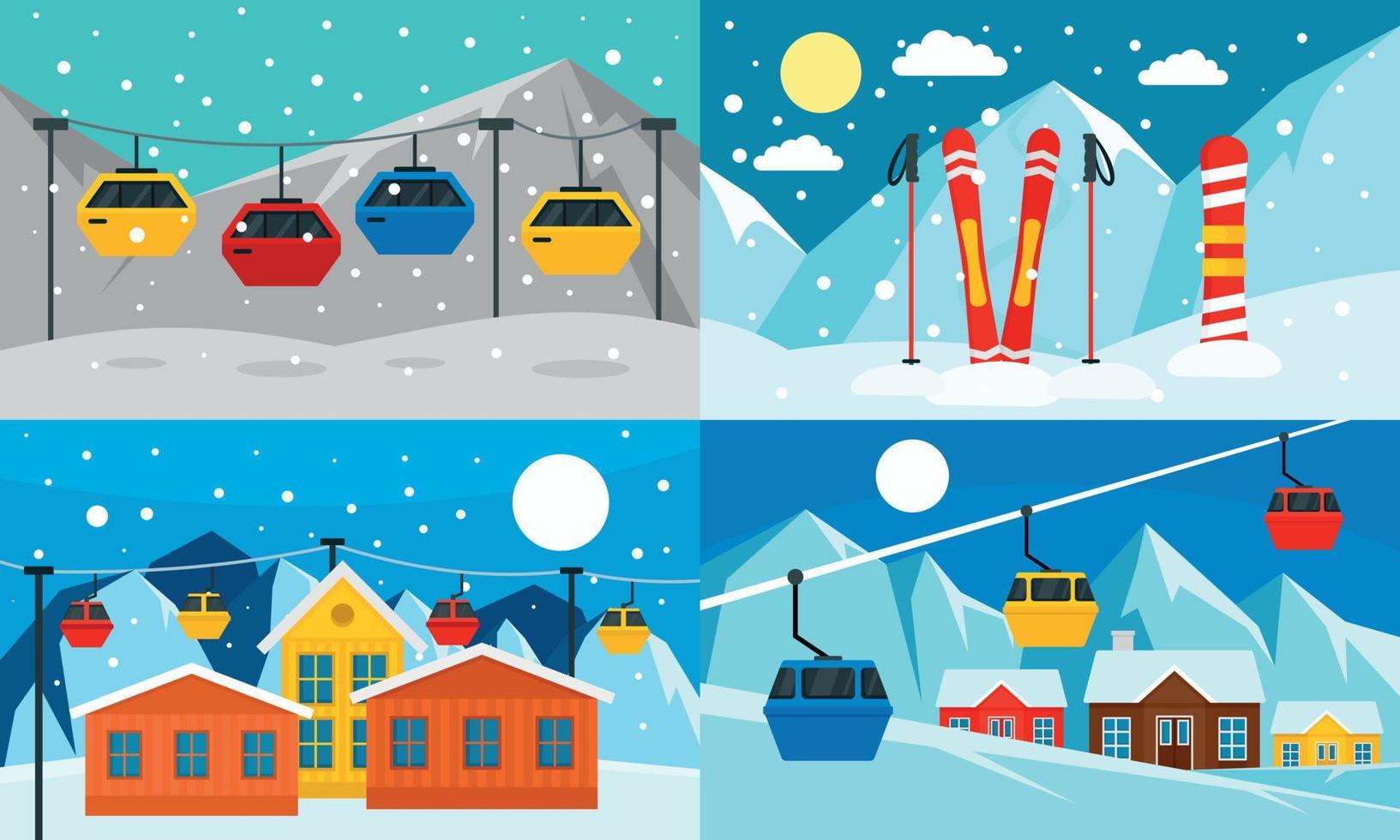 conjunto de banners de estación de esquí, estilo plano vector
