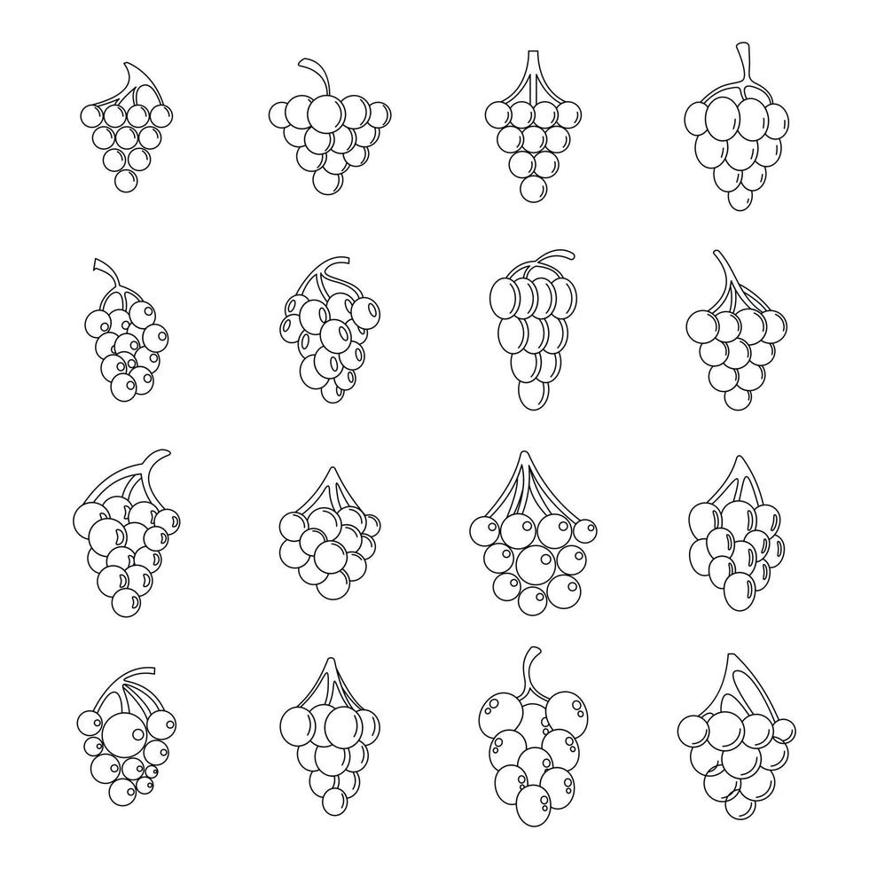 Grape wine bunch icons set, outline style vector