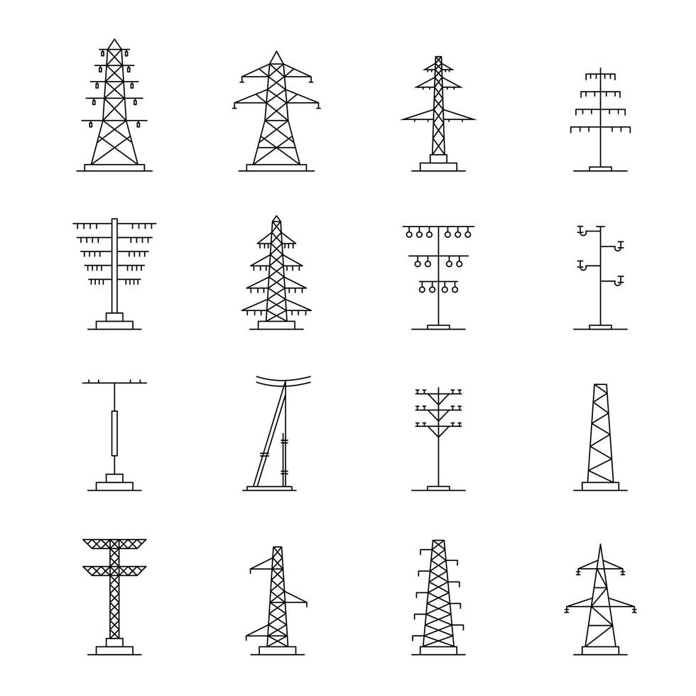 Conjunto de iconos de voltaje de torre eléctrica, estilo de contorno vector
