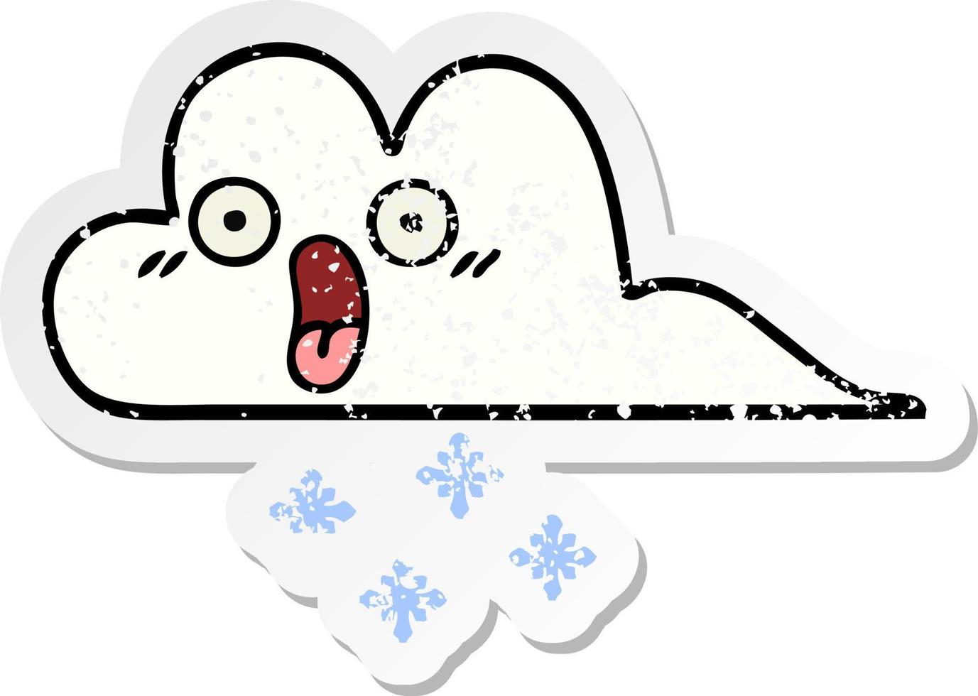 distressed sticker of a cute cartoon shocked snow cloud vector