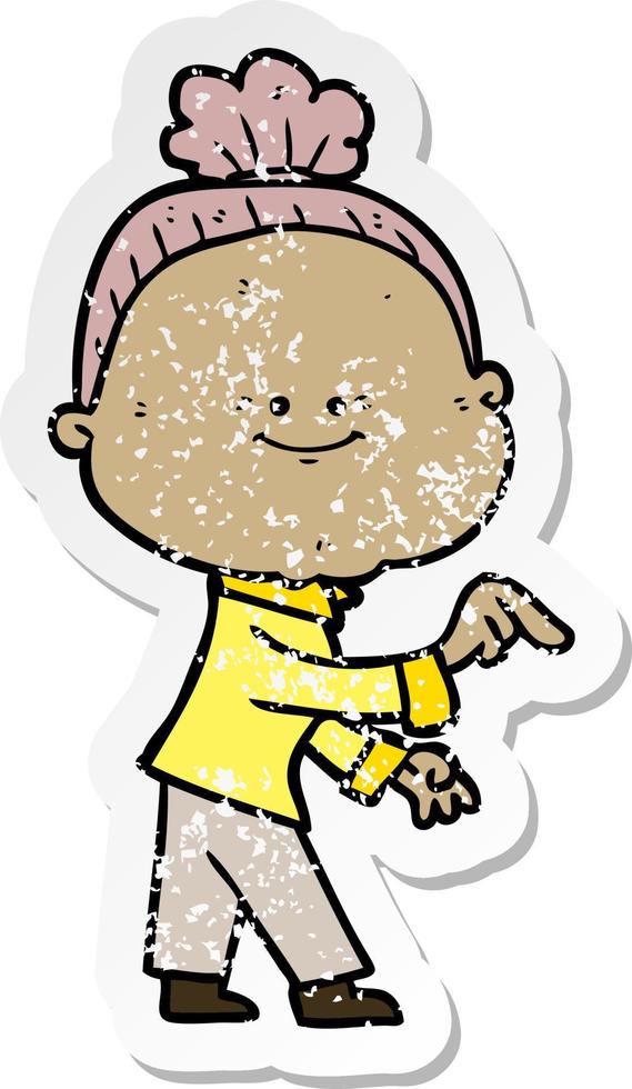 distressed sticker of a cartoon happy old woman vector