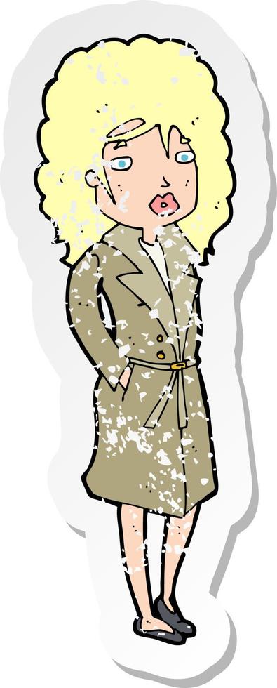 retro distressed sticker of a cartoon woman in trench coat vector