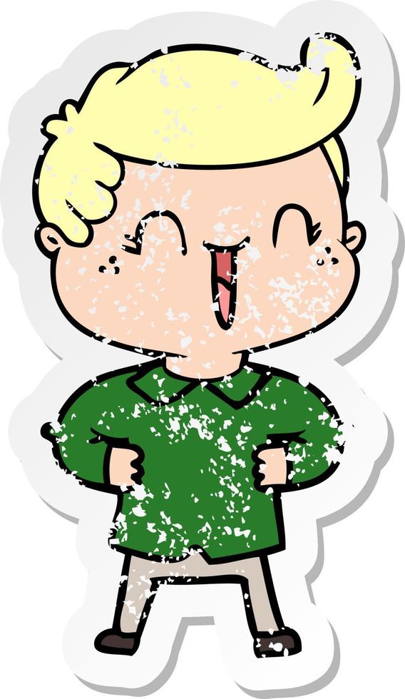distressed sticker of a cartoon laughing boy with hands on hips vector