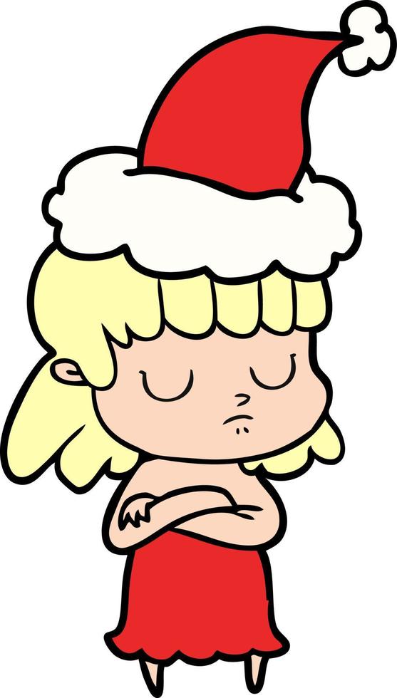 line drawing of a indifferent woman wearing santa hat vector