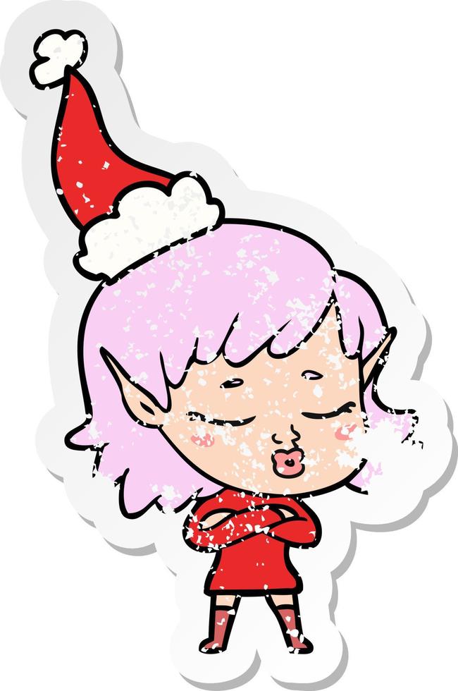 caricatura de pegatina bastante angustiada de una niña elfa con sombrero de santa vector