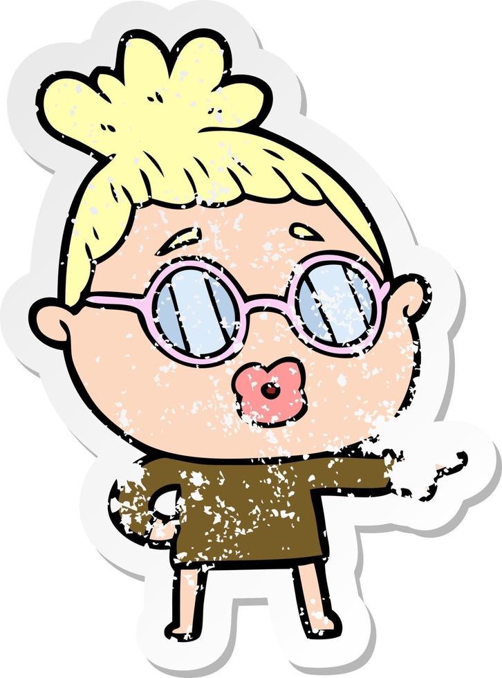 distressed sticker of a cartoon woman wearing spectacles vector