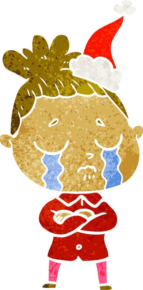 retro cartoon of a crying woman wearing santa hat vector