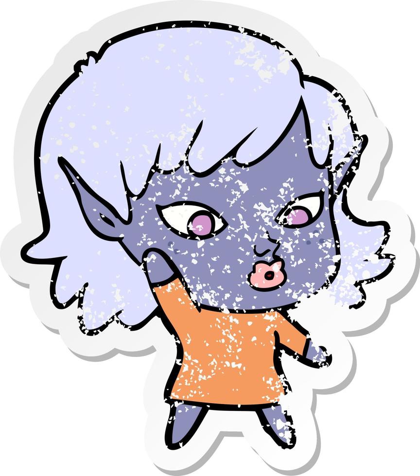 distressed sticker of a pretty cartoon elf girl vector