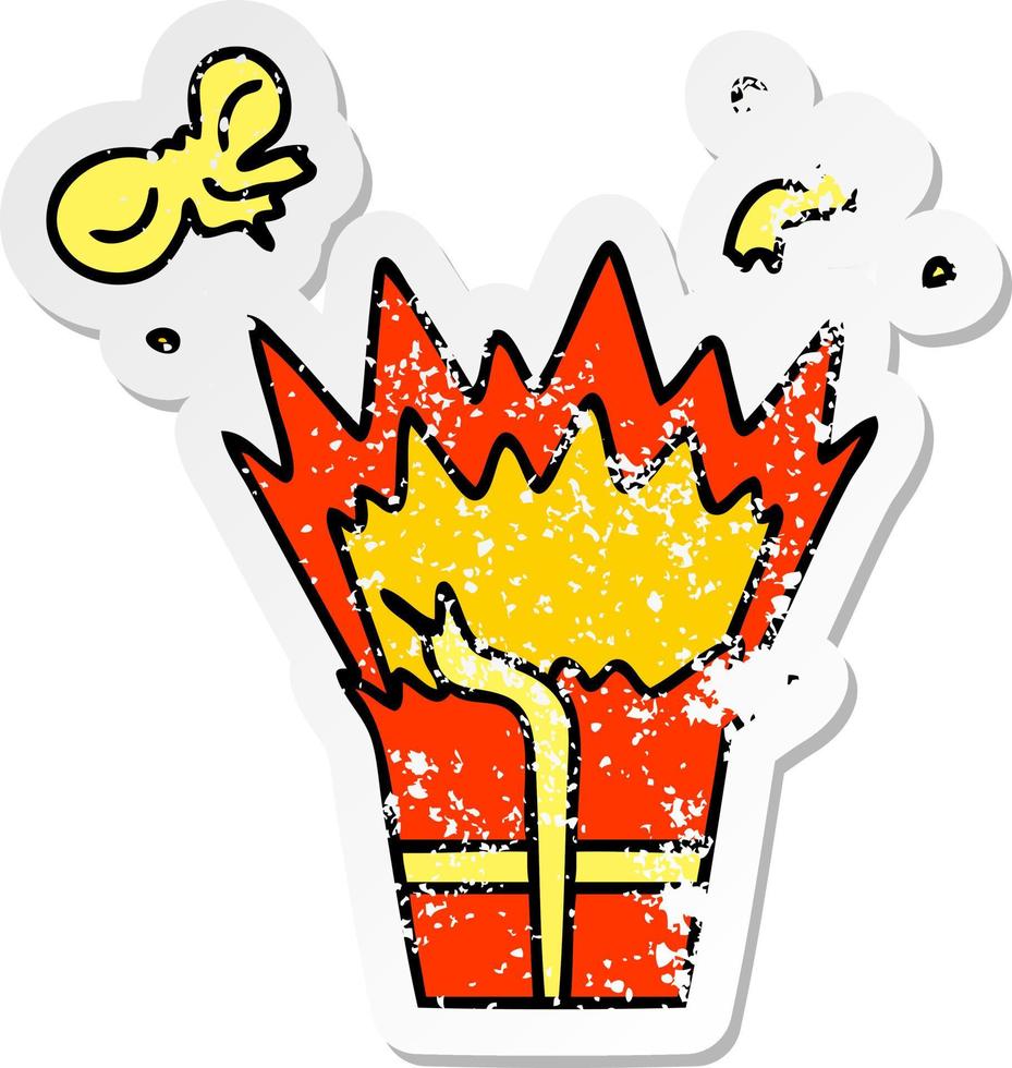 distressed sticker of a quirky hand drawn cartoon of an explosive present vector