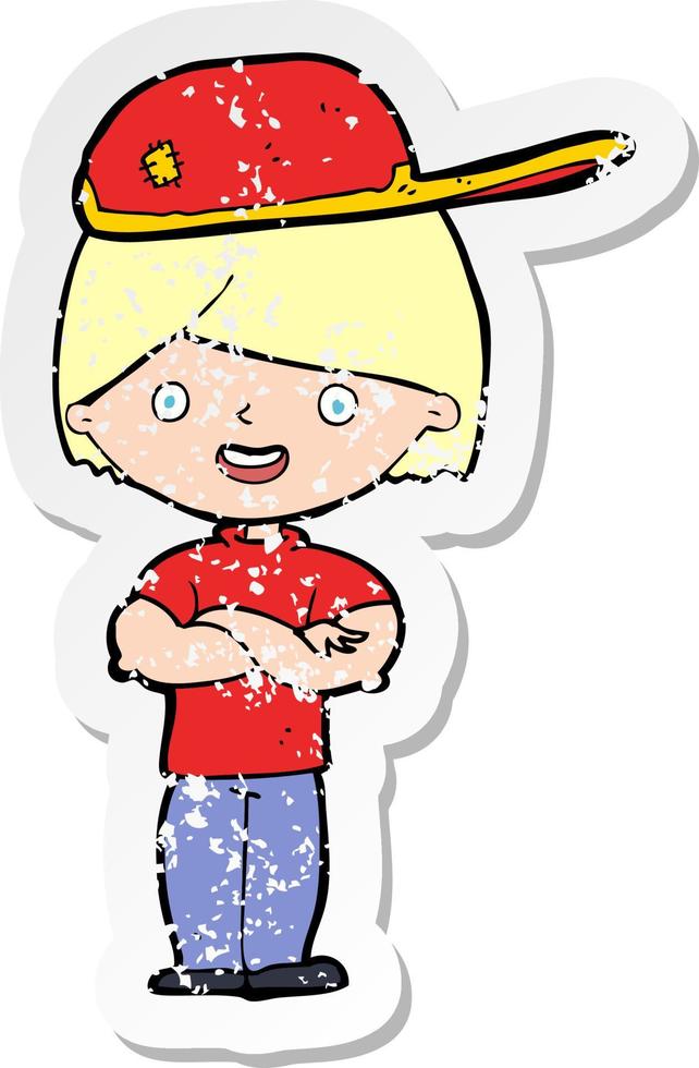 pegatina retro angustiada de un niño de dibujos animados con gorra vector