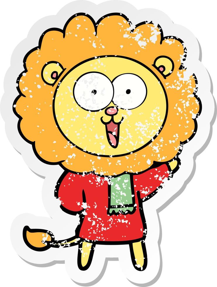 distressed sticker of a happy cartoon lion vector