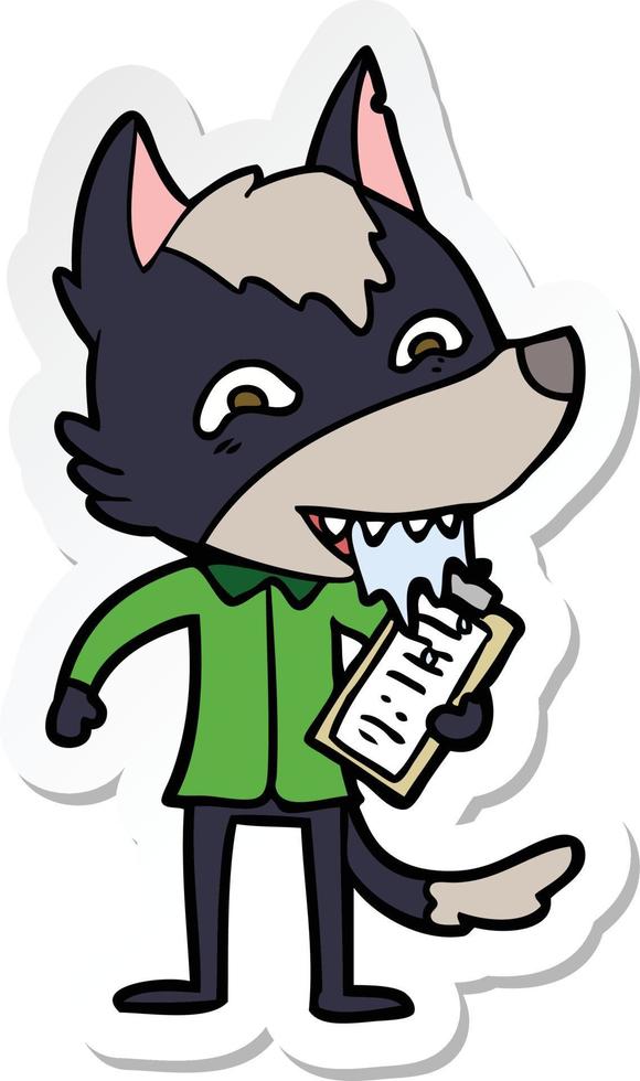 sticker of a cartoon hungry wolf with clip board vector