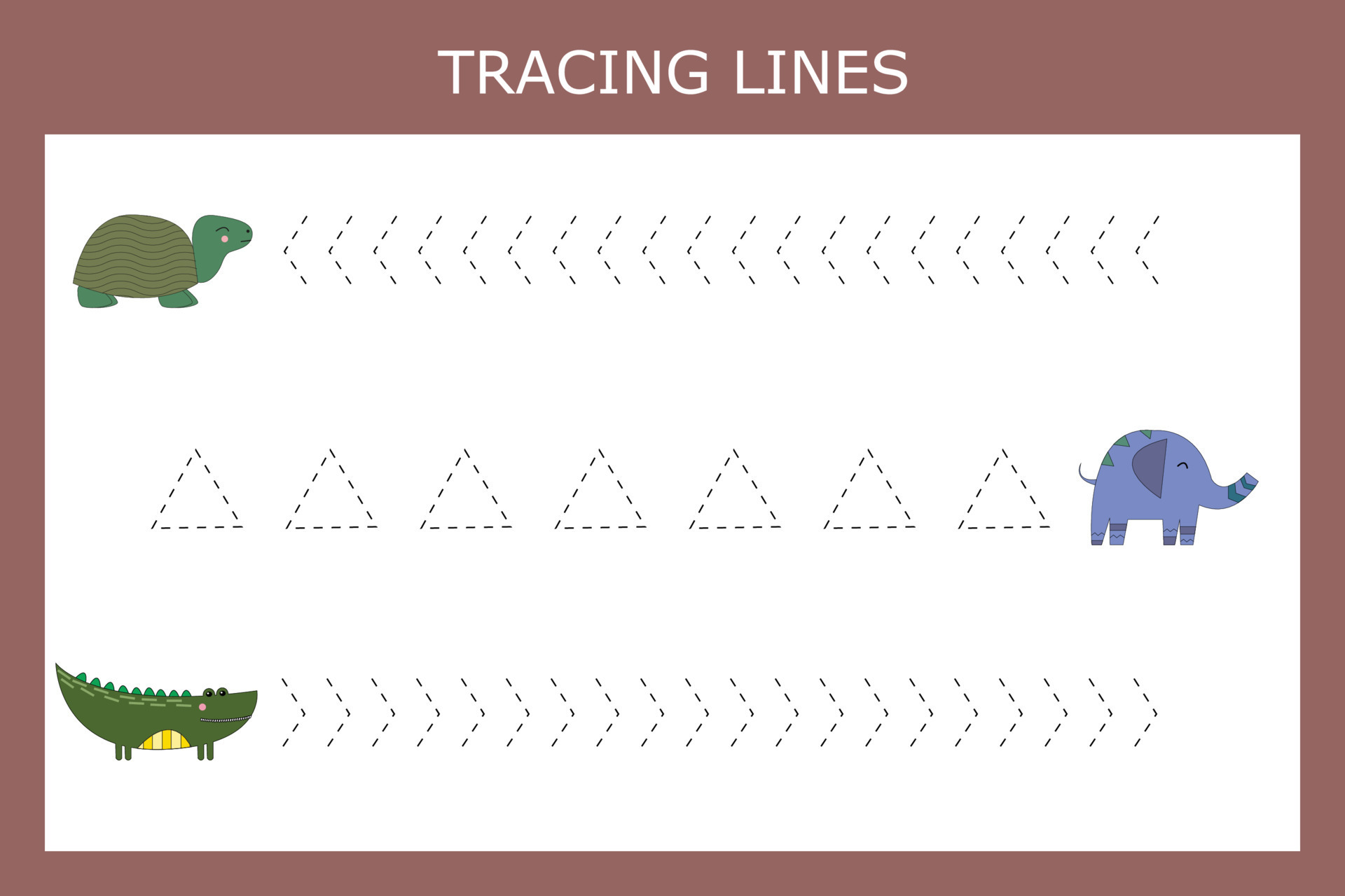 Trace line worksheet with animals for kids, practicing fine motor