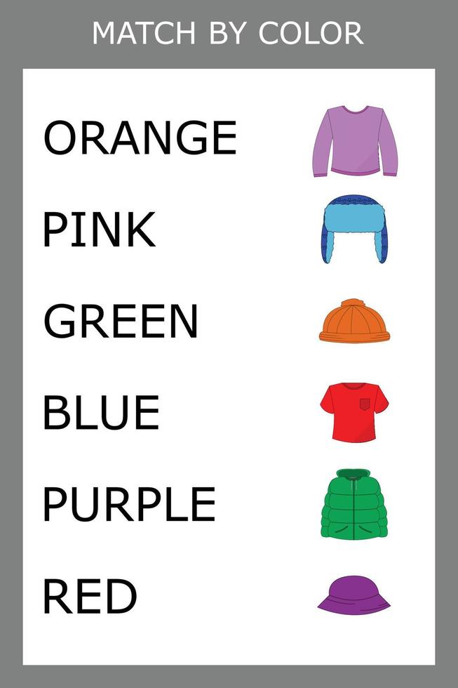 Connect the name of the color and the character of the clothes. Logic game for children. vector