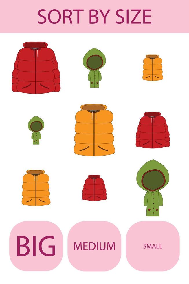 Match the clothes by size large, medium and small. Children's educational game. vector