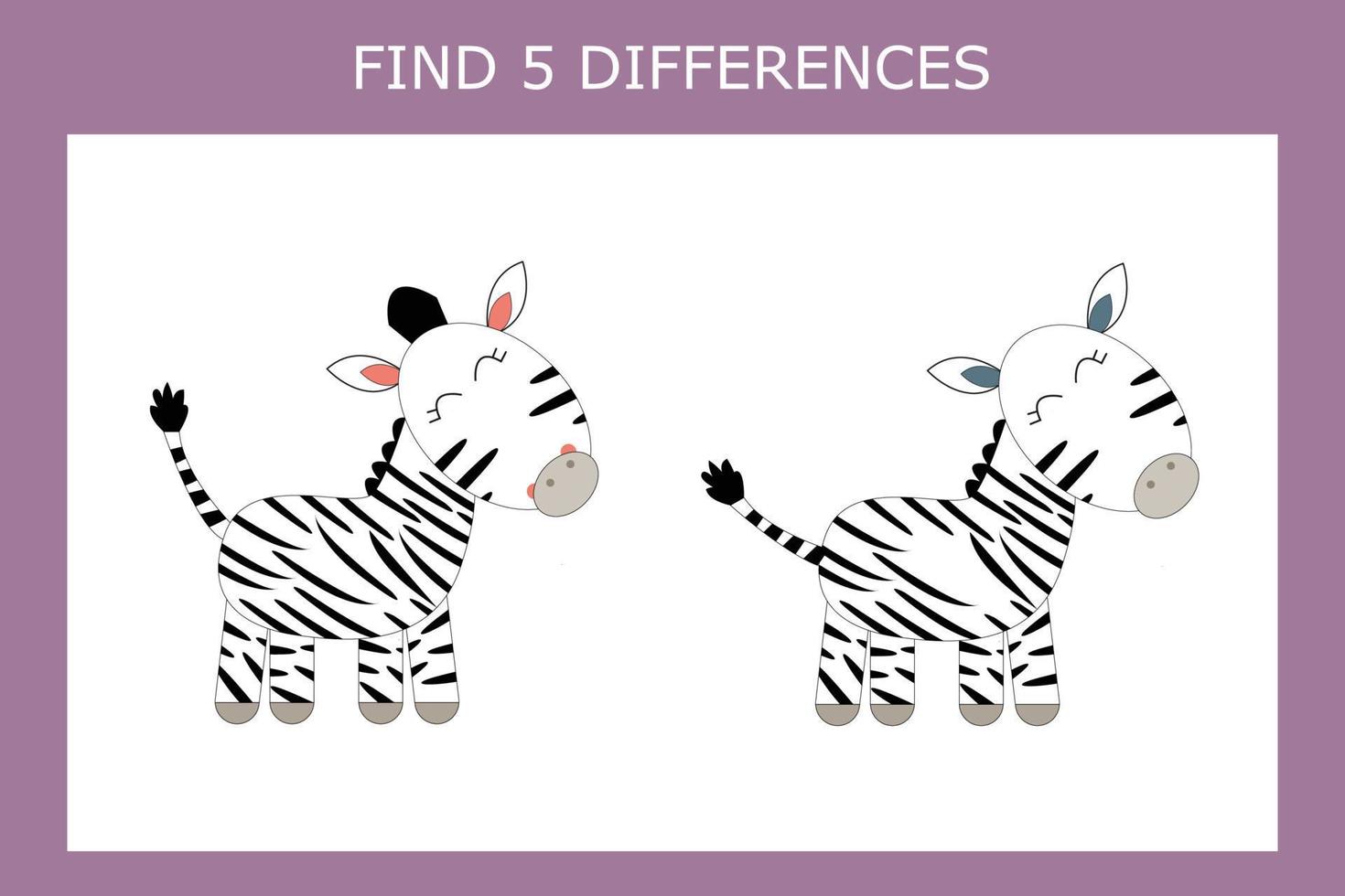 Educational game for children. Find 5 differences between zebras and circle them vector