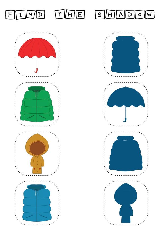encuentra la sombra correcta con paraguas, abrigo, impermeable, chaleco. juego educativo para niños. vector