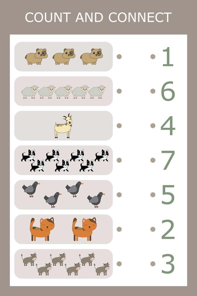 Match the number and the number of pets. Educational game for children. vector