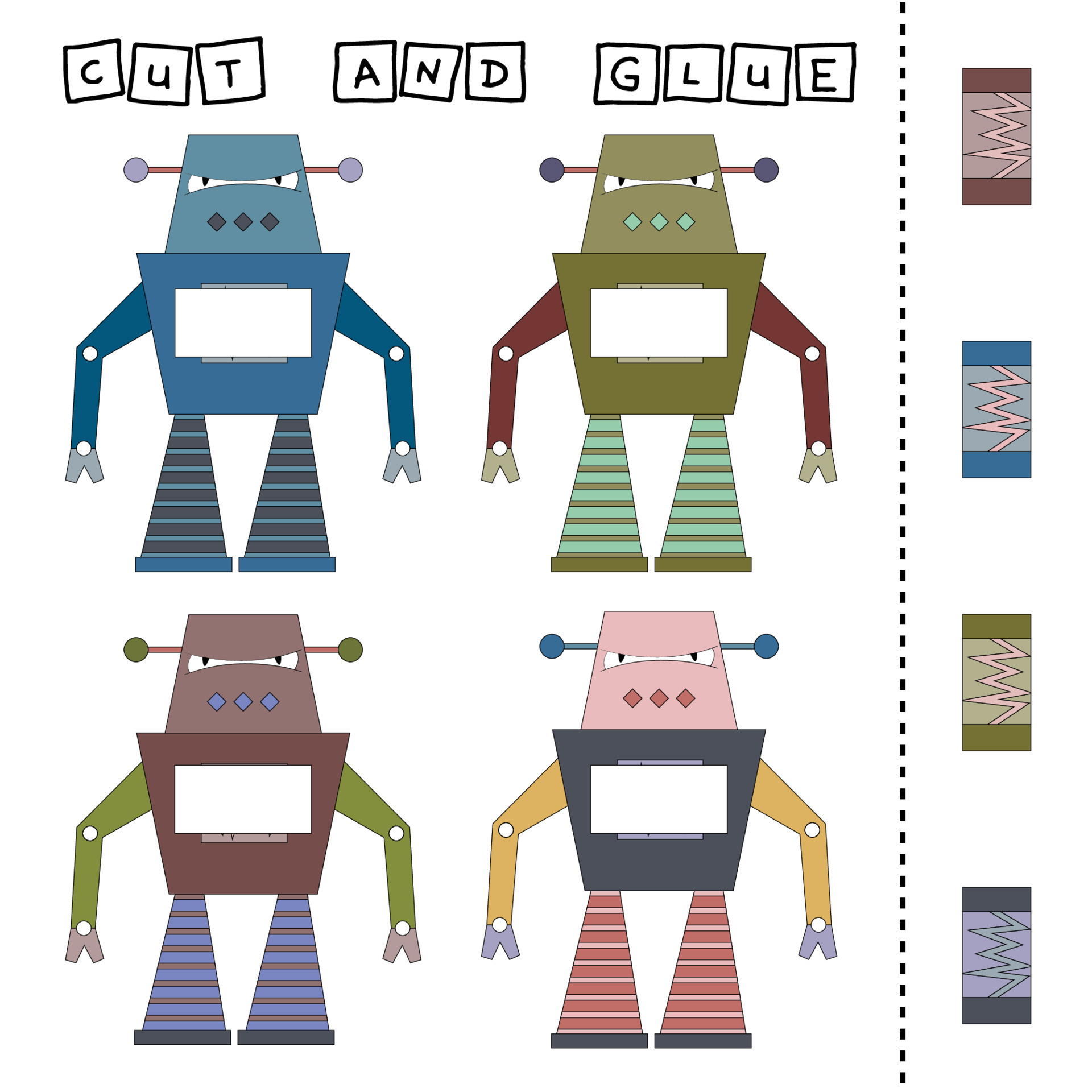 Cut out and glue the part of the robot to its pair.Preschool worksheet