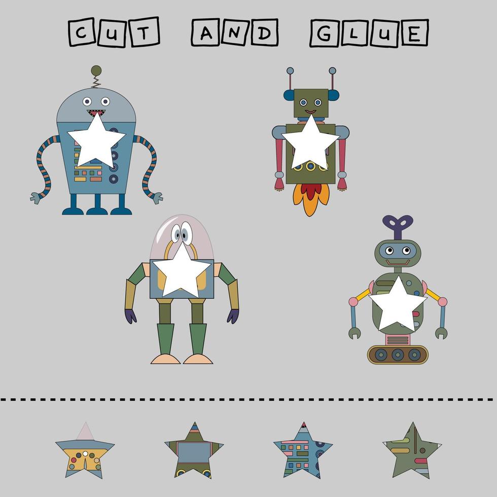 worksheet vector design, the task is to cut and glue a piece on robots.  Logic game for children.