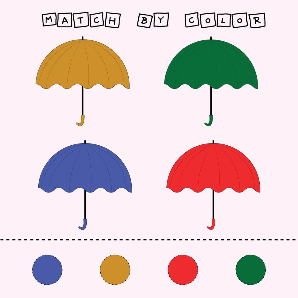 Connect the name of the color and the character of the umbrella. Logic game for children. vector