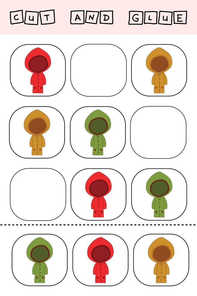 Vector illustration of a raincoat without the required element. paper game for the development of preschoolers. Cut out parts of the image and glue