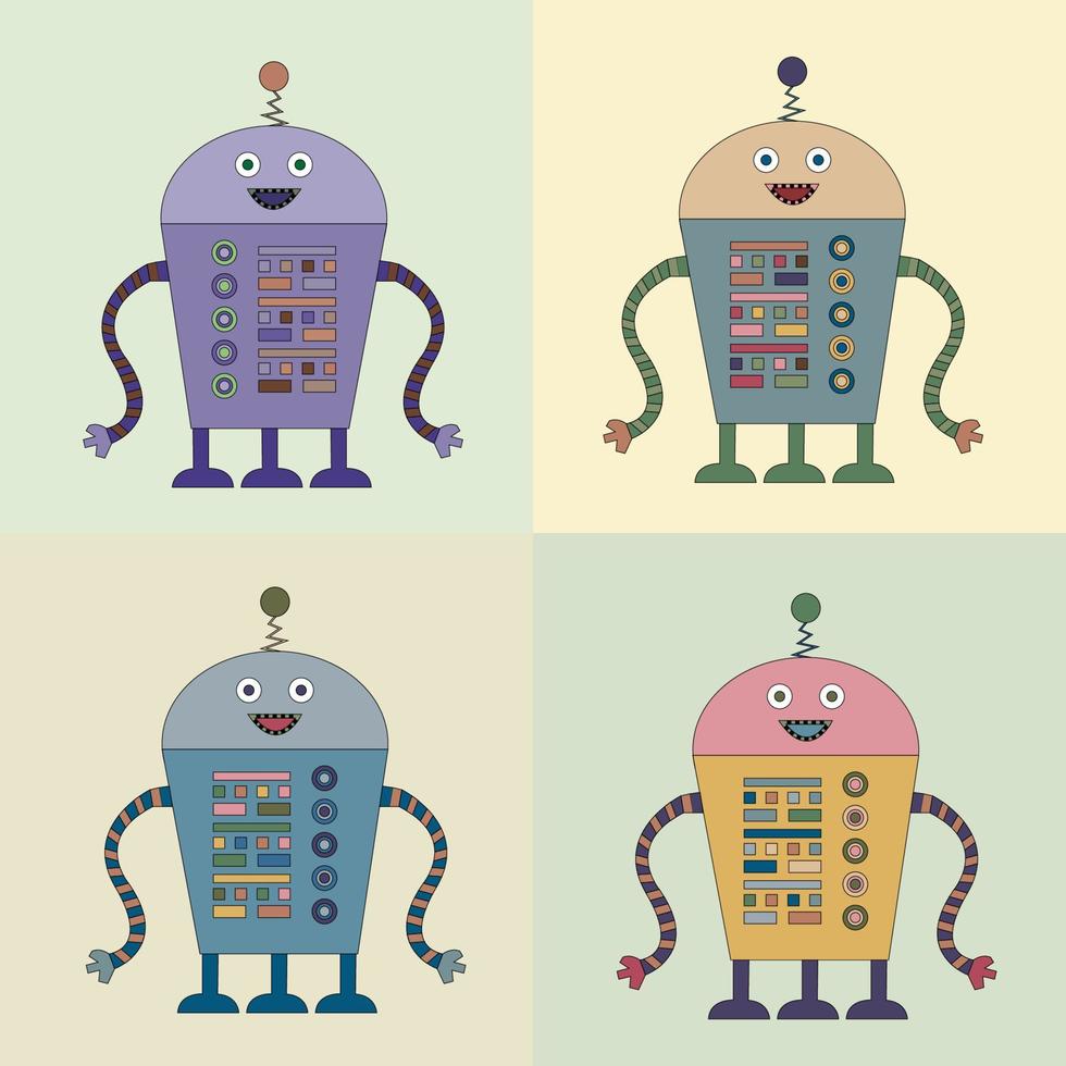 A set of four multicolored robots. Children's robo background. Color cute childish drawing. vector