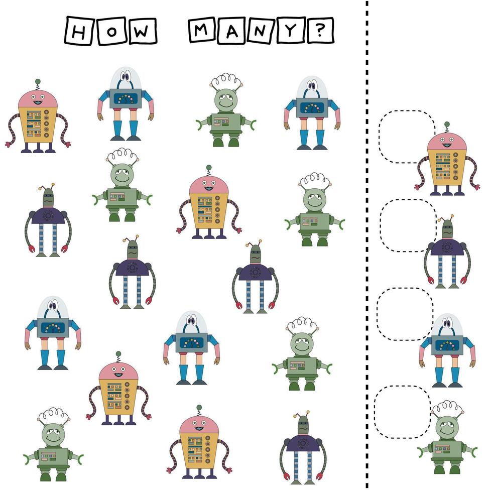 Counting Game for Preschool Children.  Count how many robots vector