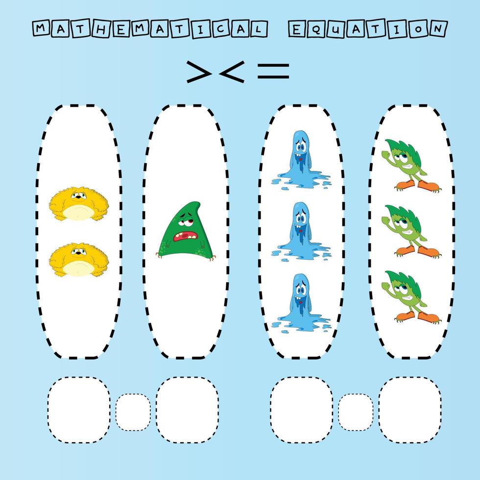 Count the number of cartoon colored monsters and compare. Educational math game for children. vector