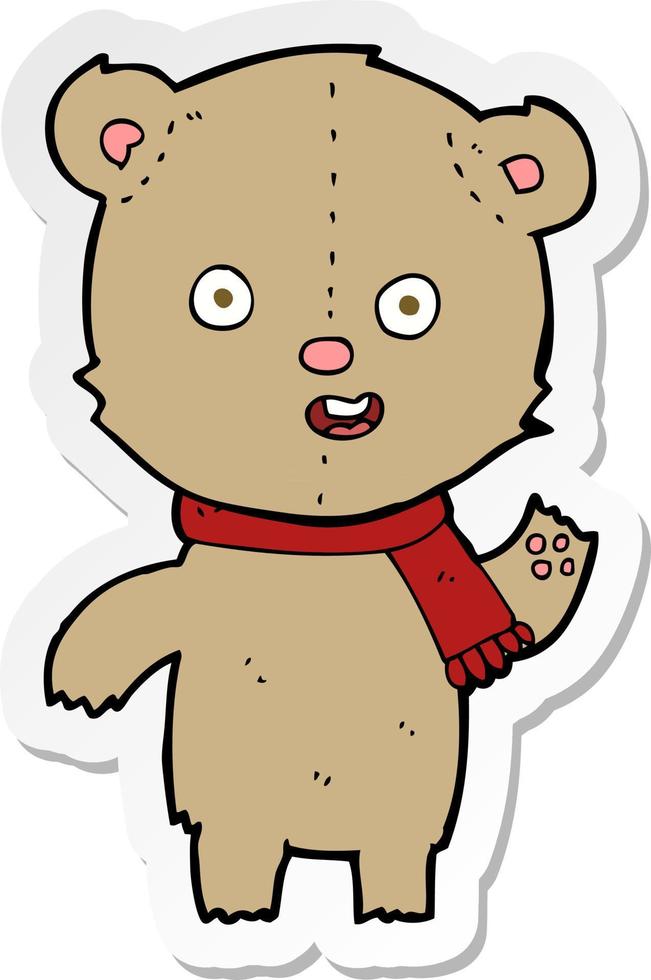 sticker of a cartoon waving teddy bear with scarf vector
