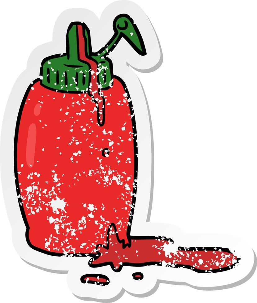 pegatina angustiada de una botella de ketchup de dibujos animados vector