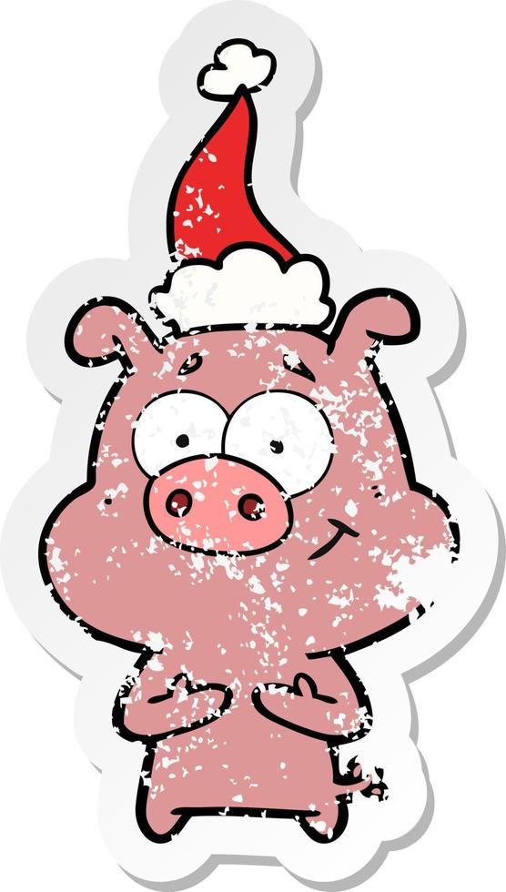 happy distressed sticker cartoon of a pig wearing santa hat vector