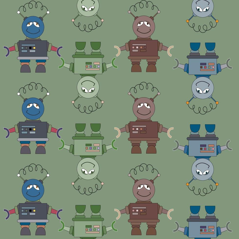 lindos robots de dibujos animados sobre fondo verde. conjunto de iconos de ciborg. vector