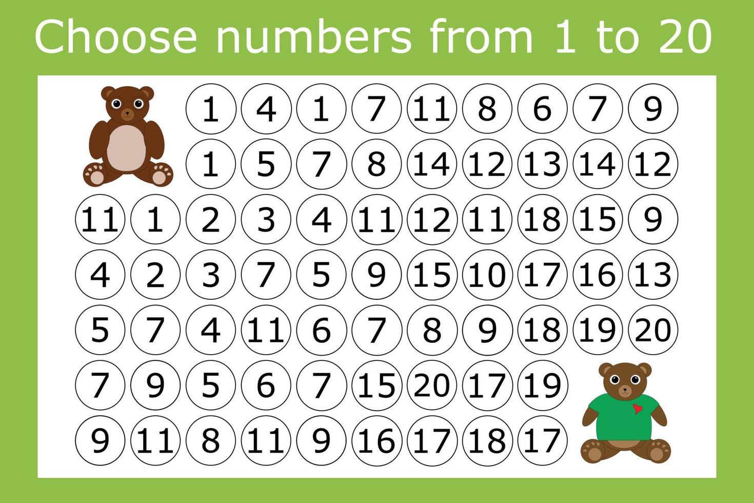 Counting maze for kids. A fun game, a mathematical puzzle with the selection of numbers from 1 to 20 in the correct order vector