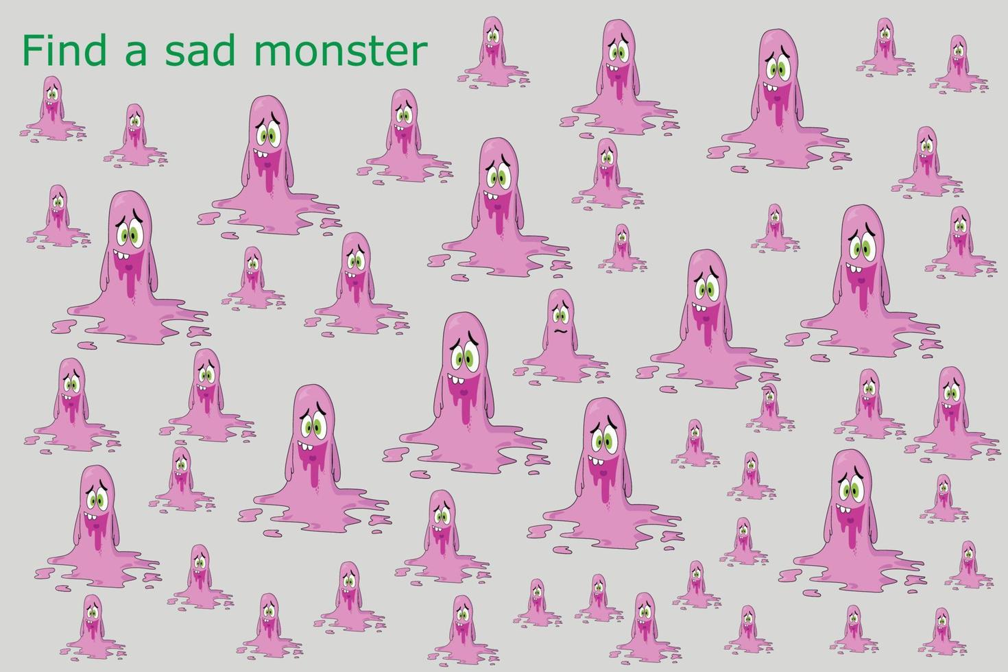 Find the sad monster among the others. Preschool worksheet, worksheet for kids, printable worksheet vector