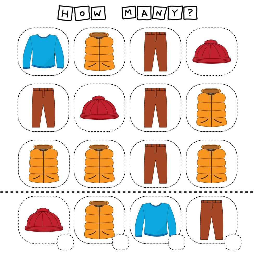 How many counting game with  long sleeve, coat, hat, pants. Preschool worksheet, kids activity sheet, printable worksheet vector